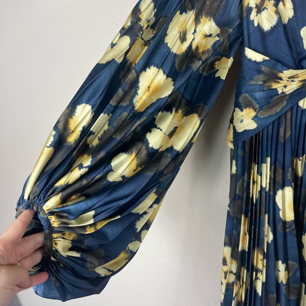 Acler Palms Pleated Long Sleeve Midi Dress Navy Floral Size 2 - Picture 8 of 15
